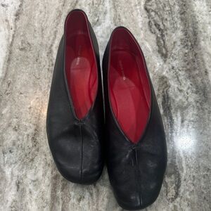 Mansur Gavriel Black Leather Slip-On Flats with Red Interior